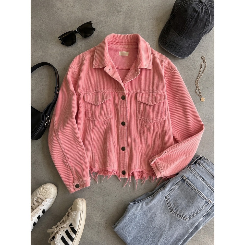 POL Pink Corduroy Jacket Medium Frayed Hem Oversized Shacket Boho Cottagecore